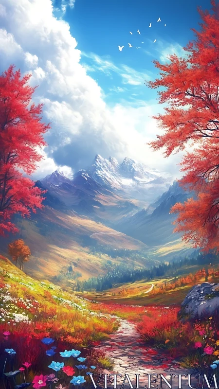 Autumn alpine valley with snow peaks and flowered stone path