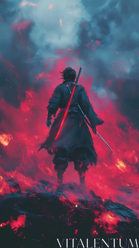 Lone samurai strides through neon embers and stormfire skies.