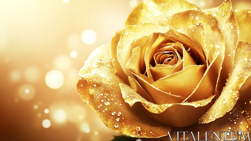 Gold rose with water droplets photographed under warm bokeh lighting