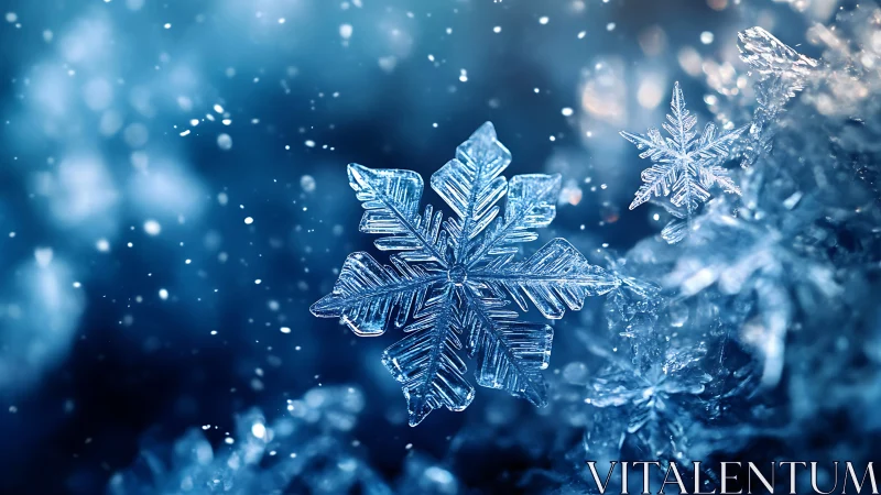 Macro crystalline snowflake geometry under shallow depth of field.