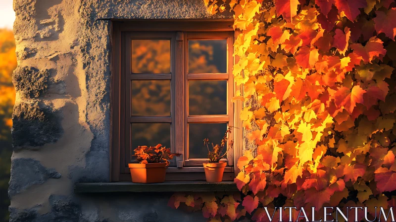 Stone wall window is framed by dense autumn foliage