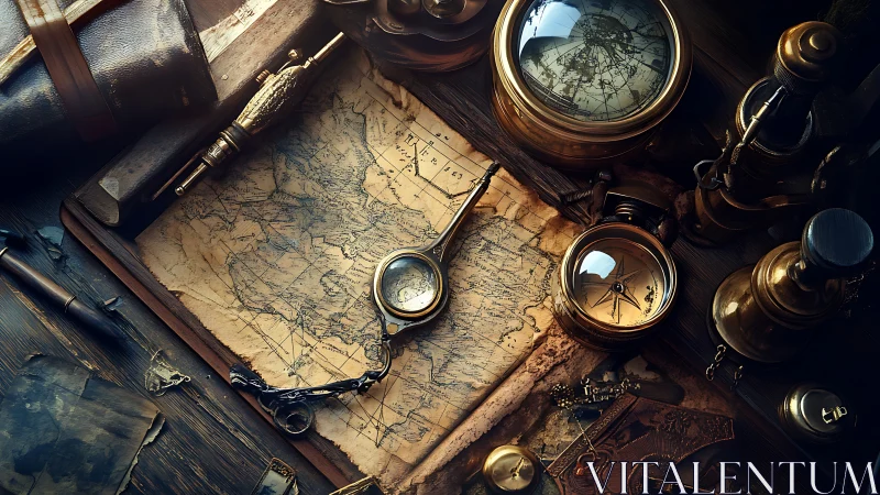 Old world explorer’s desk filled with maps and brass compasses.