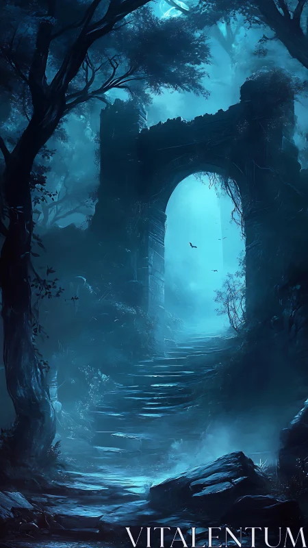 Moonlit ruined archway crowns misted forest stairway.