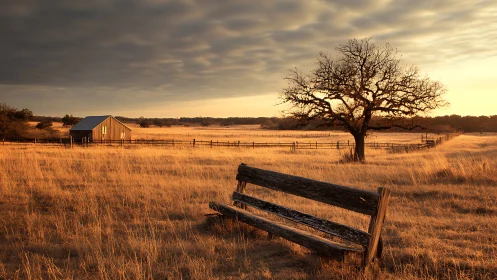 Golden prairie sunset casts warm light on lonely farmhouse