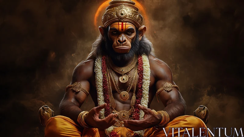 Divine monkey warrior sits in golden-lit meditative power.