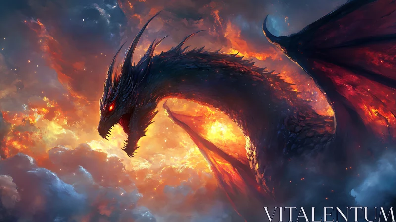 Infernal sky dragon coiling through blazing storm clouds.