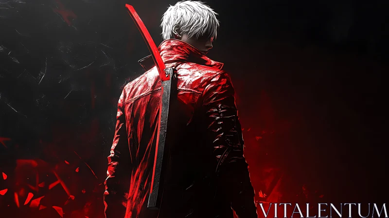White haired swordsman dominates blazing red shadows.
