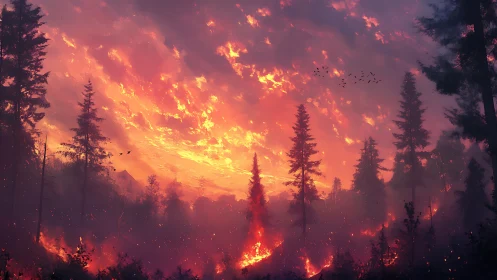 Wildfire Landscape: Nocturnal Forest Inferno with Pyrolytic Cloud Formation.