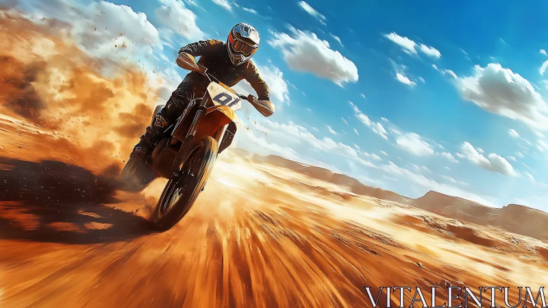 Motocross rider powers through bright desert track.