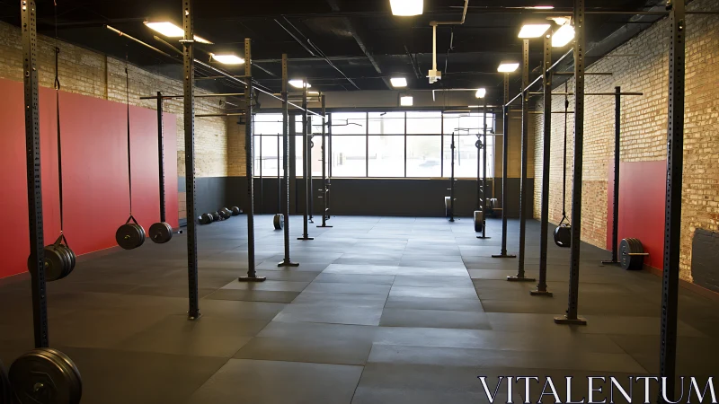 Industrial loft CrossFit gym with black rigs and weights.