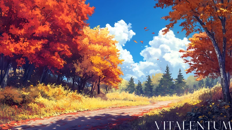 Digital Landscape Rendering: Autumn Forest Road with Chromatic Foliage Gradation
