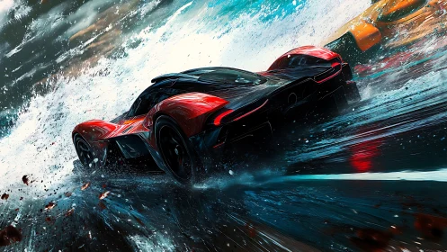 Roaring red supercar cuts through rain with fearless speed