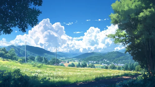 Sunny countryside meadow opening to soft distant mountains.