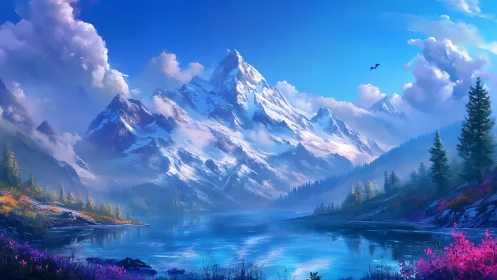 Peaceful mountain lake wrapped in glowing sunrise color.