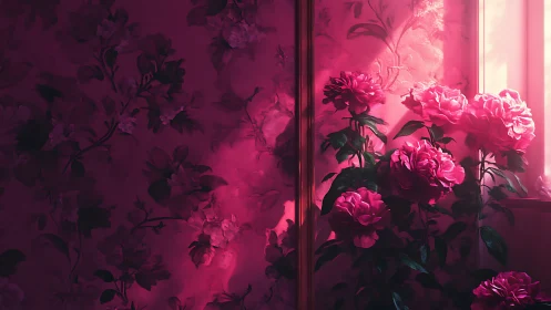 Pink roses catch warm window light against floral wall