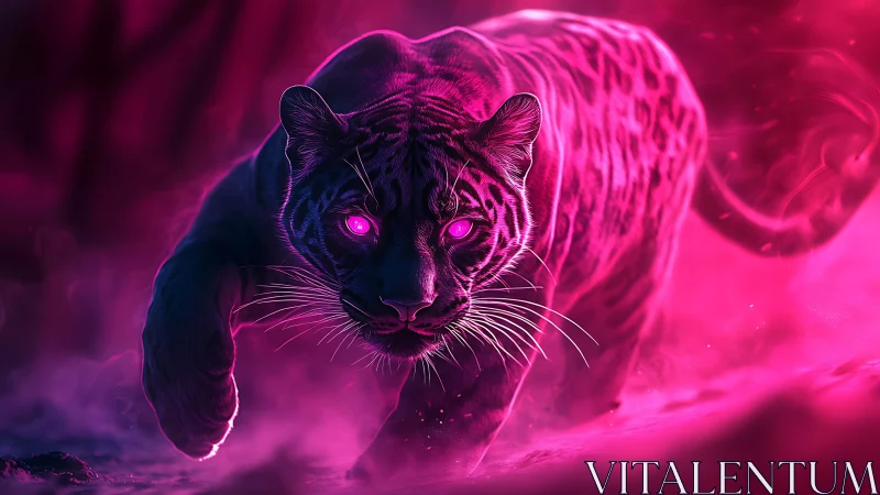 Luminous neon panther prowling through glowing pink mist.