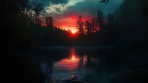 Sunset illuminates forest treeline and reflects on still water