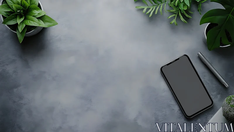 Minimalist Workspace Composition with Potted Succulents and Mobile Device