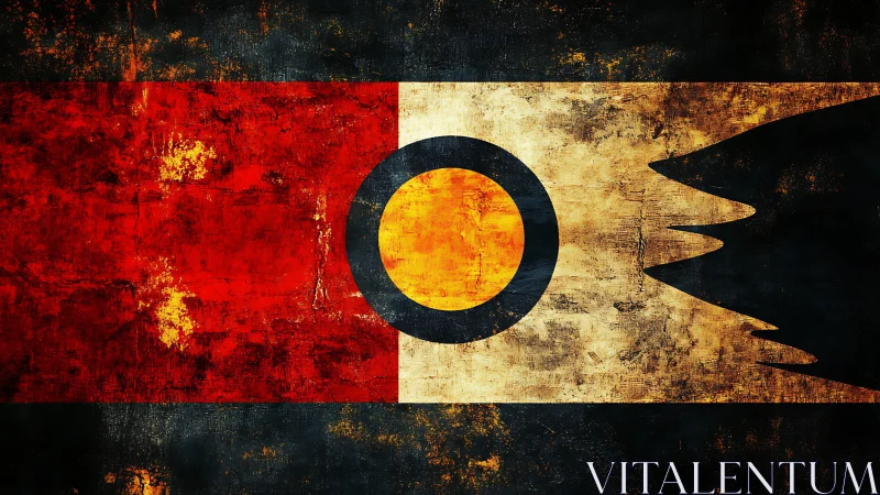 Abstract worn flag design with central circular emblem.