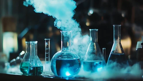 Laboratory glassware with blue reagents emitting dense vapor plume