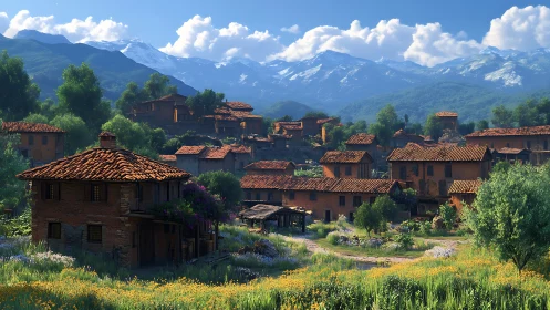 Mountain village with terracotta houses sits in green valley