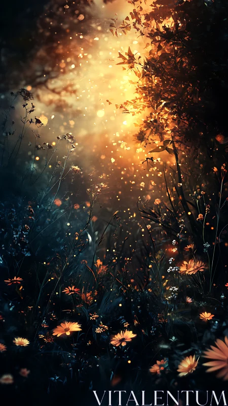 Backlit foliage and wildflowers occupy a dim forest clearing