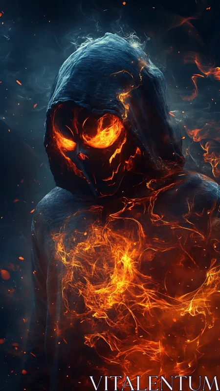 Volumetric-lit fiery skull wraith dissolving a hooded torso in embers