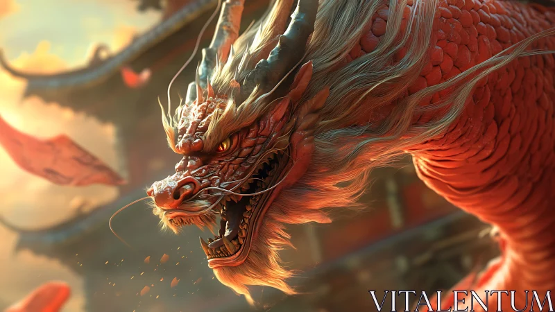 Fiery red dragon roars defiantly above a sunlit temple