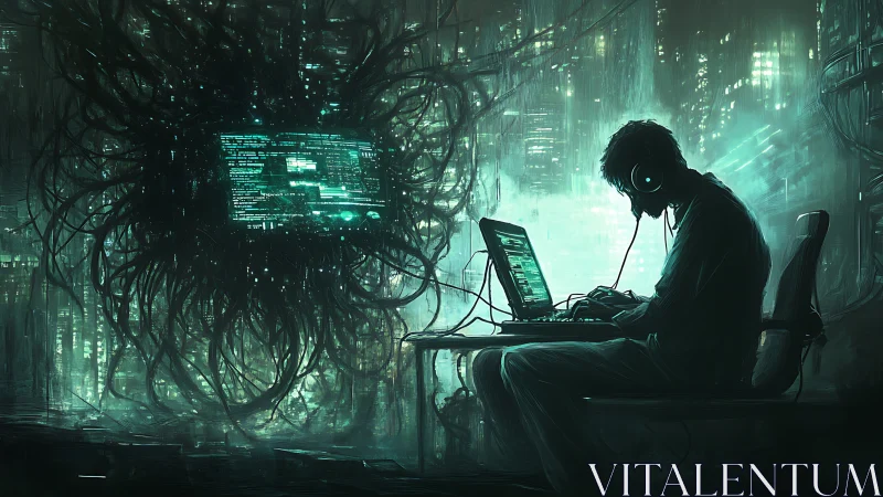 Neon code whisperer duels a tangled digital abyss of data.