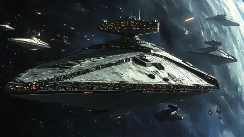 Massive wedge-shaped star destroyer leads armored space fleet