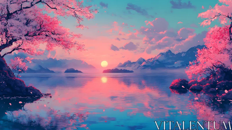 Sunset lake with pink blossom trees and distant mountains.