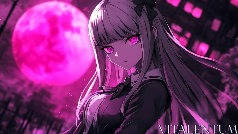 Pink moonlit anime girl with intense glowing eyes at night.