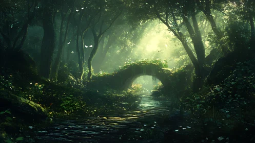 Forested stream with stone bridge architecture.