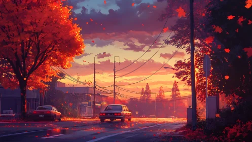 Quiet suburban street under blazing autumn sunset sky.