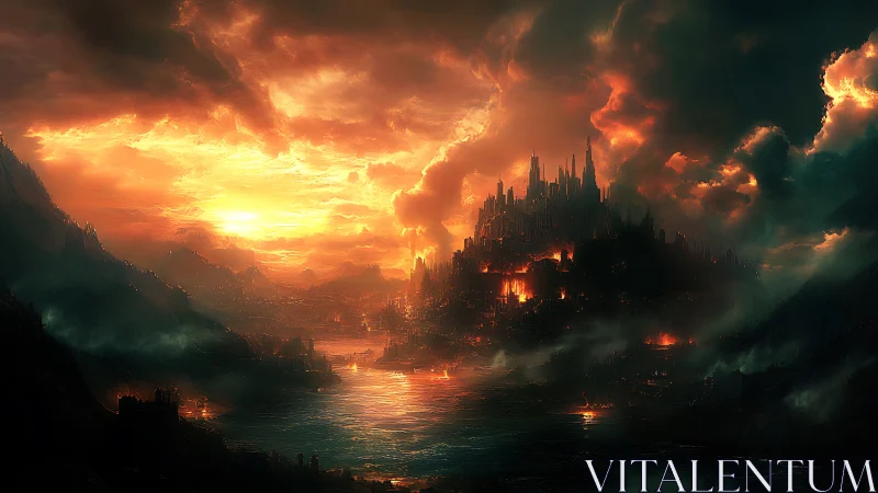 Luminous volcanic cityscape under dense storm clouds.