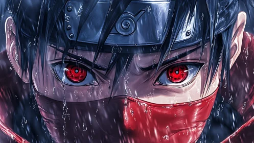 Scarlet-eyed ninja glares through storm-soaked darkness