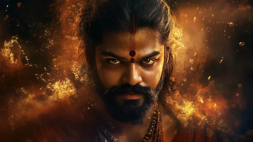 Fiery warrior portrait glows with divine, mythic intensity.