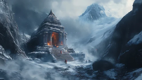 Snowbound mountain temple with glowing sanctum entrance.