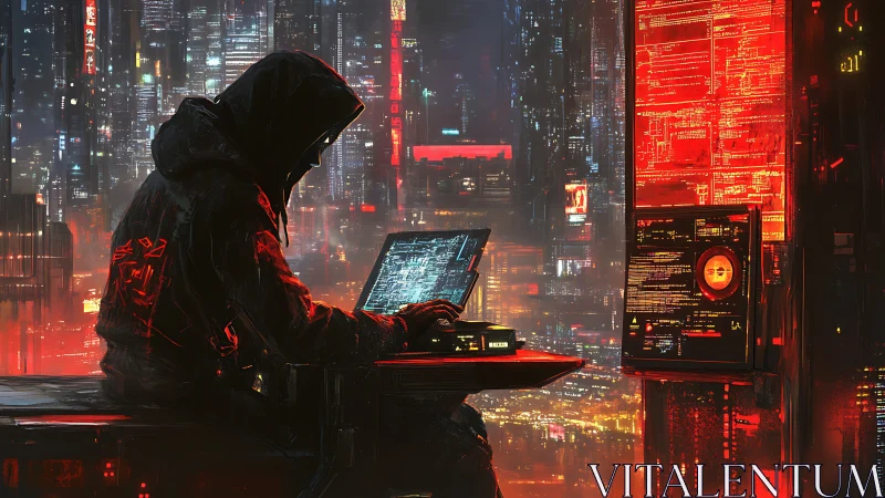 Hooded hacker operates glowing terminal in neon cyberpunk city