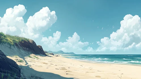 Sunlit shoreline stretches beneath wide, cloud-rich skies