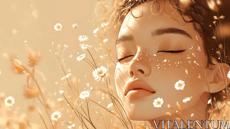 Serene female portrait in warm floral field with soft bokeh light