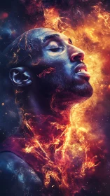 Blazing portrait in cosmic flames and molten textures.