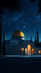 Golden domed sanctuary glowing under a peaceful night sky.