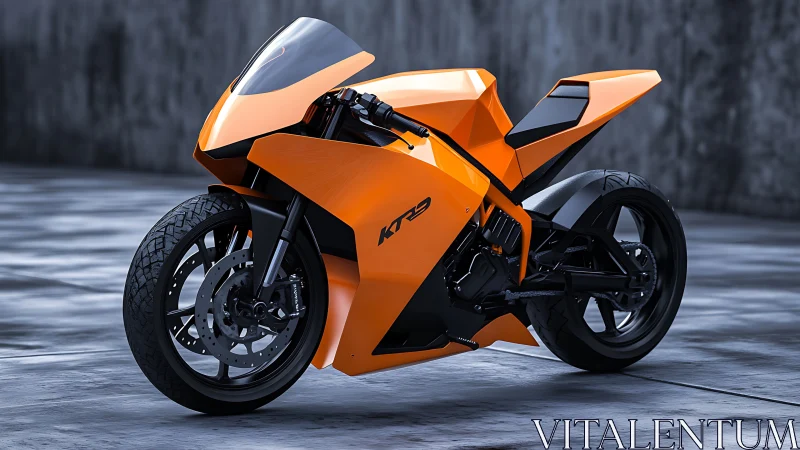 Electric orange sport motorcycle stands in wet concrete studio