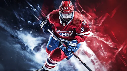 Ice hockey player in red uniform against split color rink.