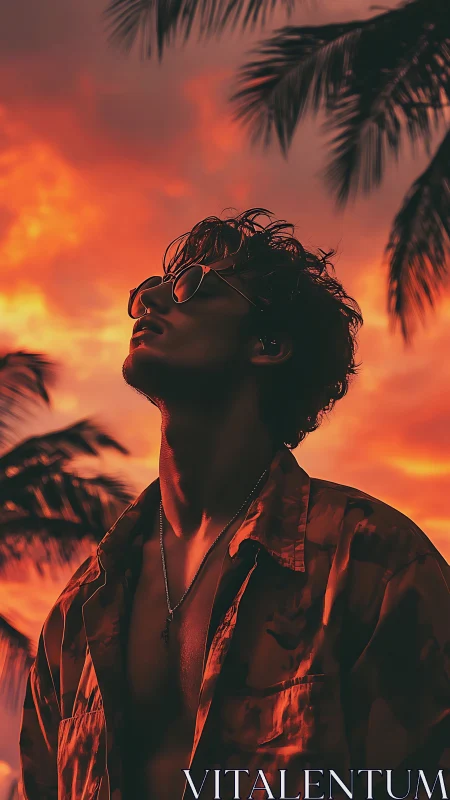 Silhouetted man in sunset light beneath palm fronds