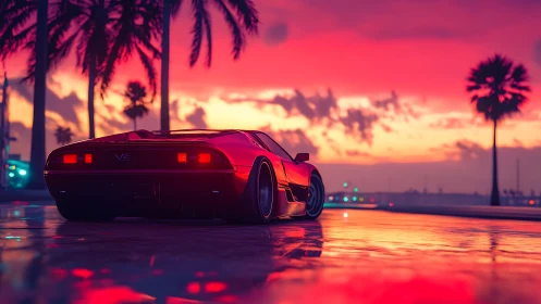 Red sports car on neon coastal road at vivid sunset.