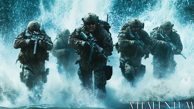 Special operations squad storms surf during combat drill.