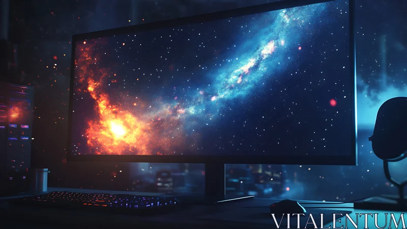 Wide gaming monitor displays high-resolution galaxy scene