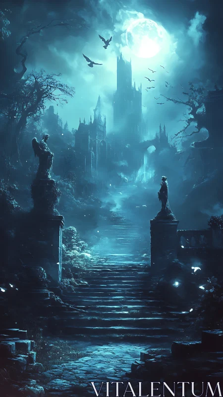 Moonlit gothic staircase leading toward distant castle.